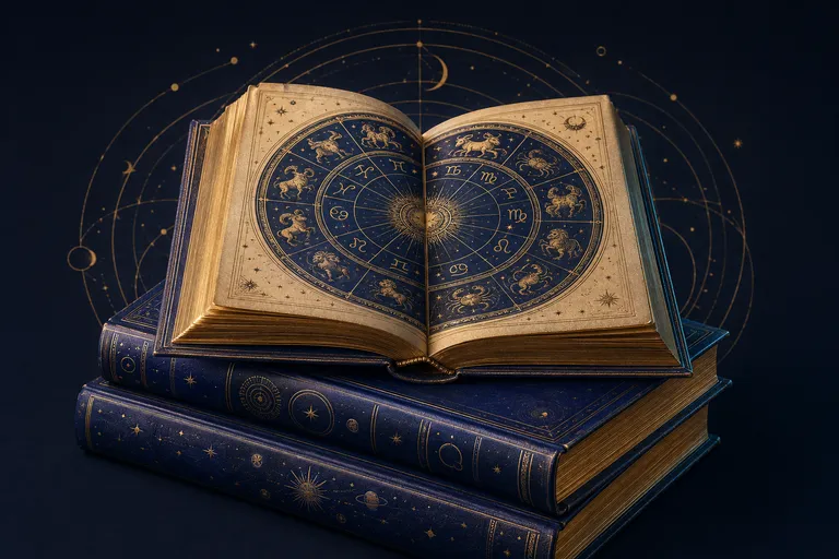 Ilustración de libros de astrología en azul y oro